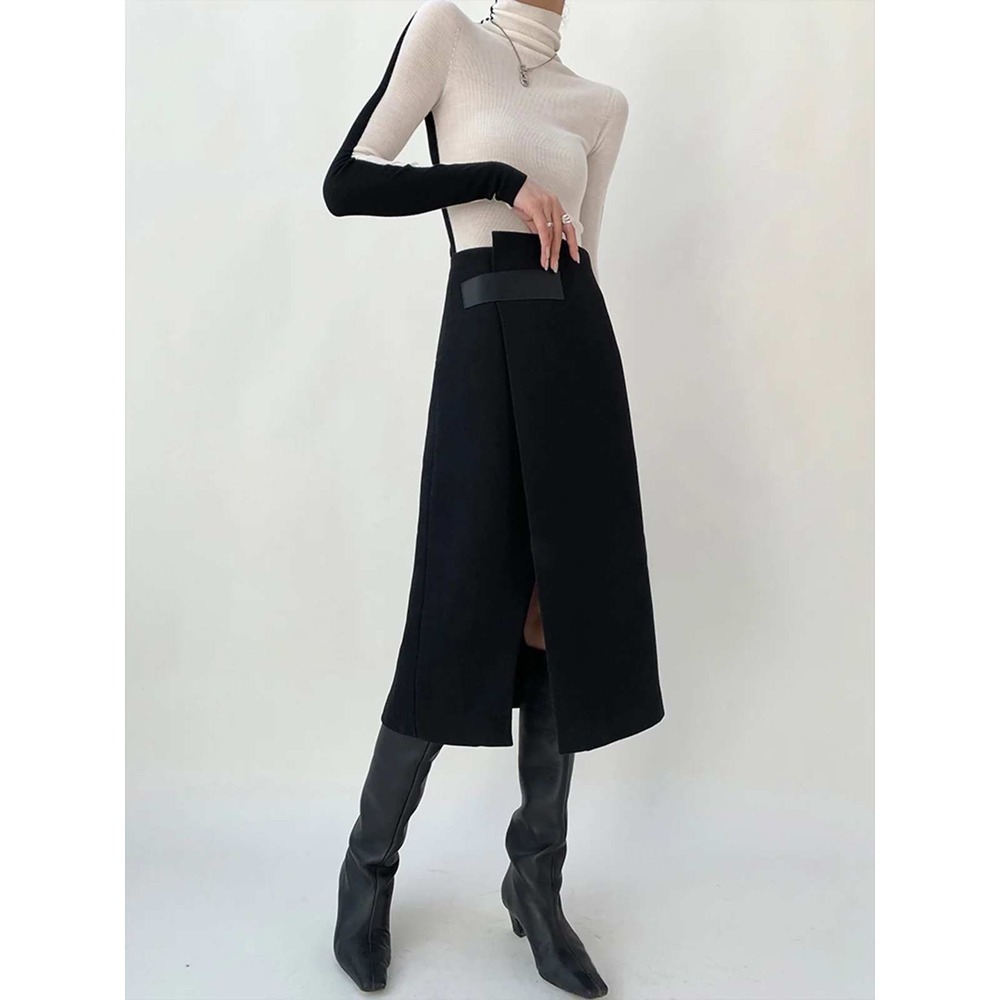 COMMENSE Black Tweed High Waist Asymmetric Wrap Midi Skirt US 4 S NWT